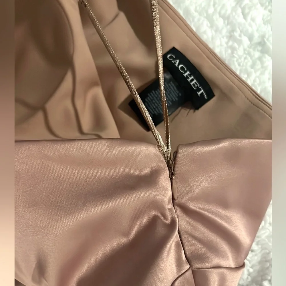 Cachet, Rose Gold Embellished One-Shoulder Dress, Side Zip, Ribboned Waist, 16